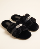 Cashmere Kiss Slides in Black - faux fur slides with silver lock detail